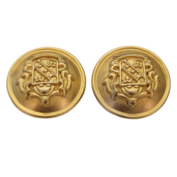 Gold Tone Round Raised Shield Design Clip On Earrings E846 - Picture 3 of 9